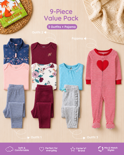 🌸 Baby Girl "Floral Heart" All-Carter’s Value Pack – 9-Piece Boutique Mega Collection
