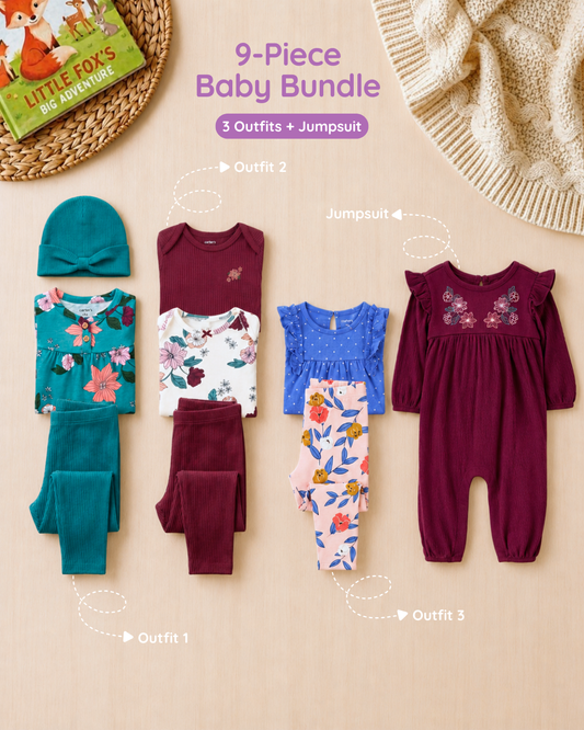 🍃 Original Carter’s Baby Girl "Teal Blossom" 9-Piece Baby Bundle