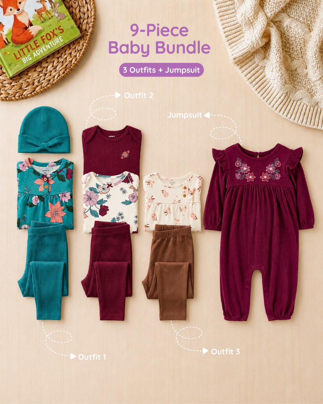🌷 Original Carter's Baby Girl "Blooming Wishes" 9-Piece Baby Bundle
