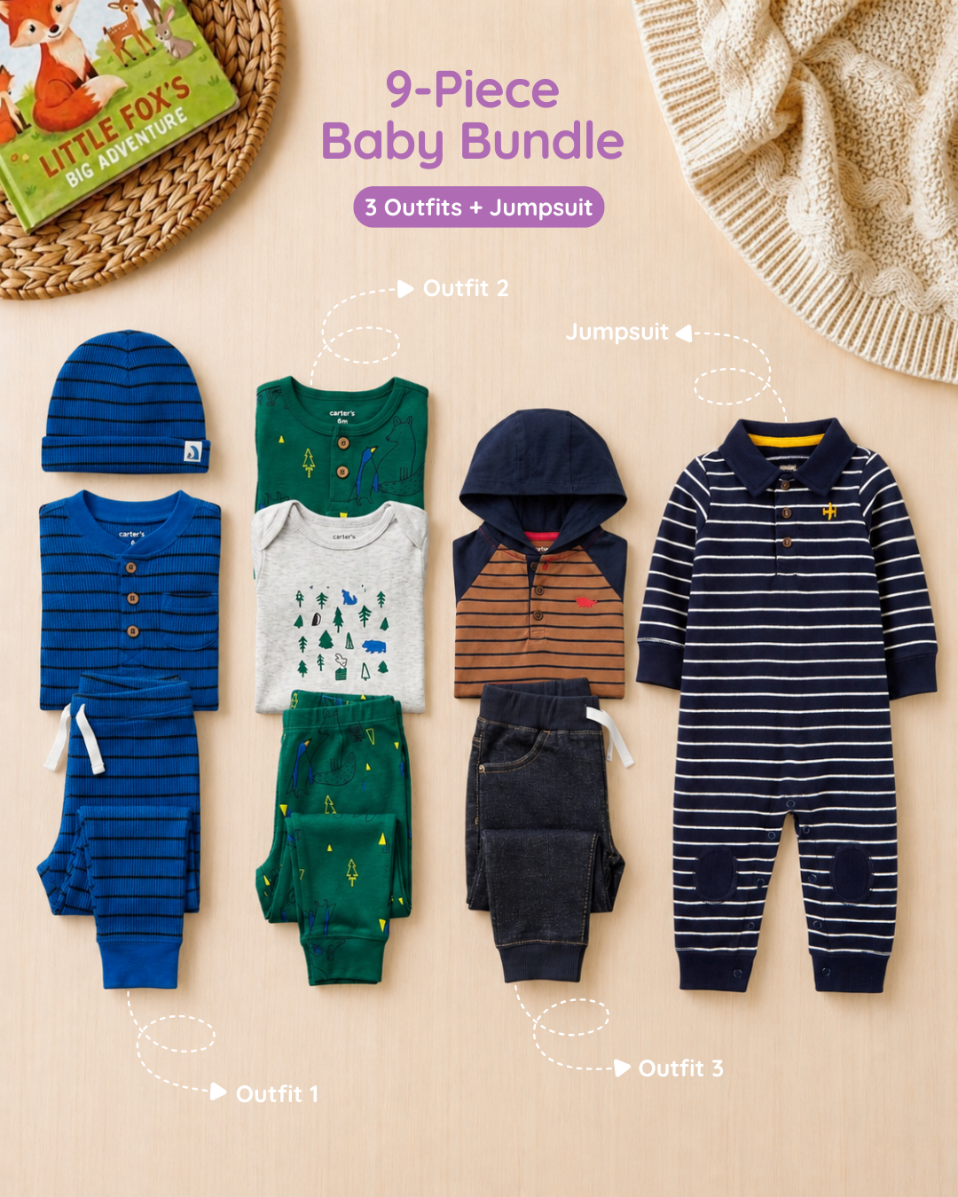 🌲 Original Carter’s Baby Boy "Forest Trails" 9-Piece Baby Bundle