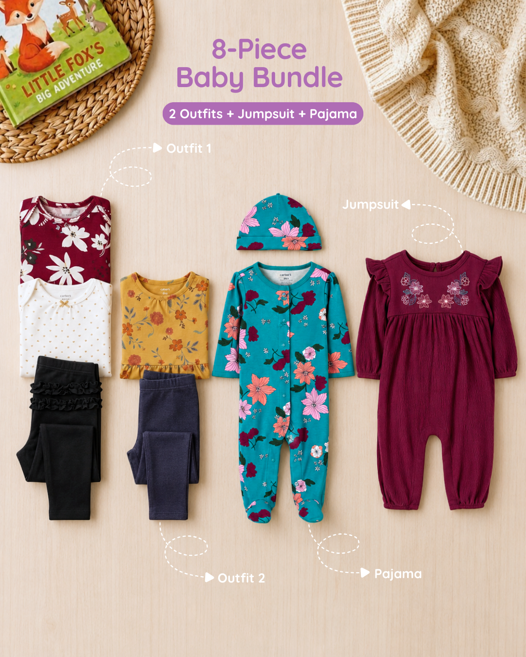 🌸 Original Carter’s Baby Girl "Little Wildflower" 8-Piece Baby Bundle