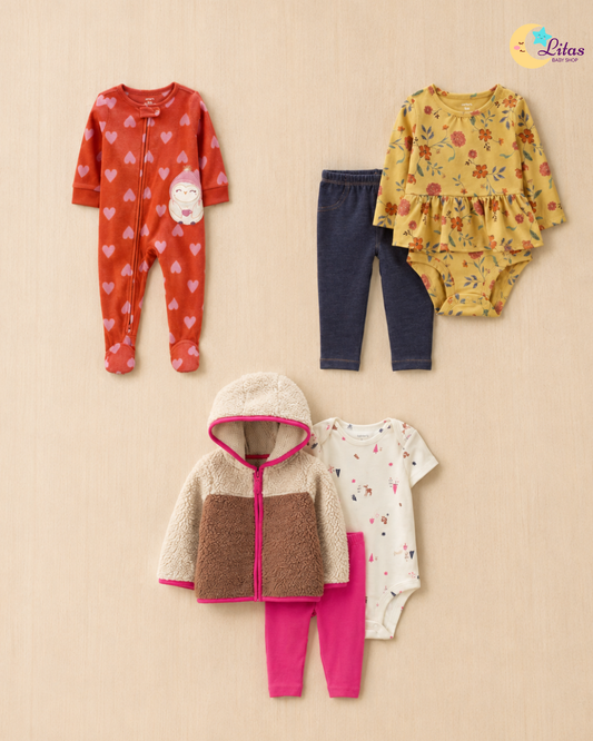 🌸 Baby Girl "Sherpa & Mustard" All-Carter’s Value Pack – 6-Piece Boutique Collection