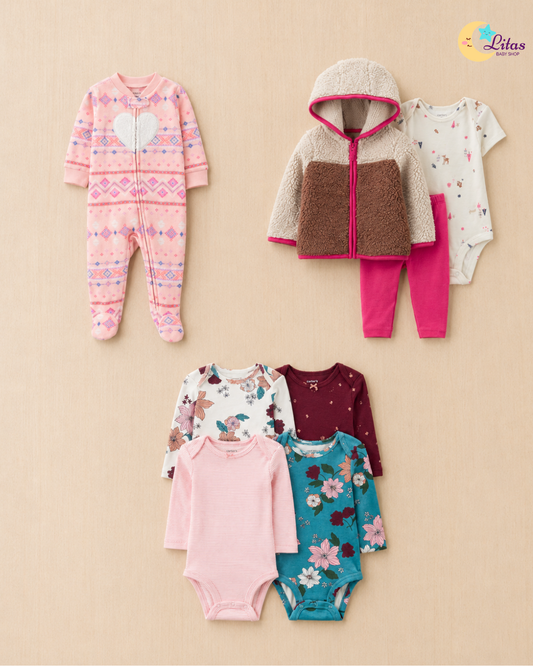 🌸 Baby Girl "Boho Heart & Sherpa" All-Carter’s Value Pack – 8-Piece Boutique Collection