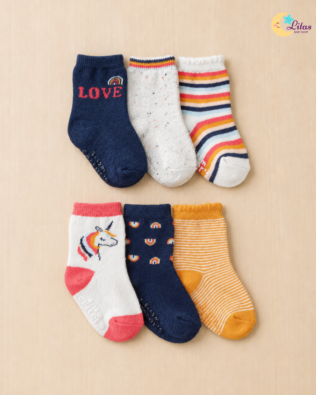🌈 Carter's Baby Girl 6-Pack Socks – Rainbow & Unicorn