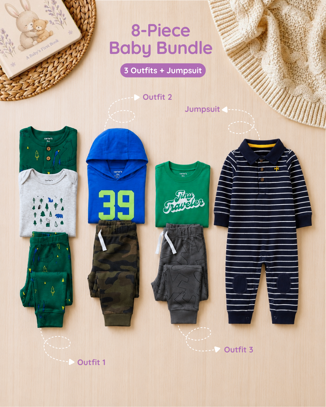 💙 Original Carter’s Baby Boy "Tiny Traveler" 8-Piece Baby Bundle