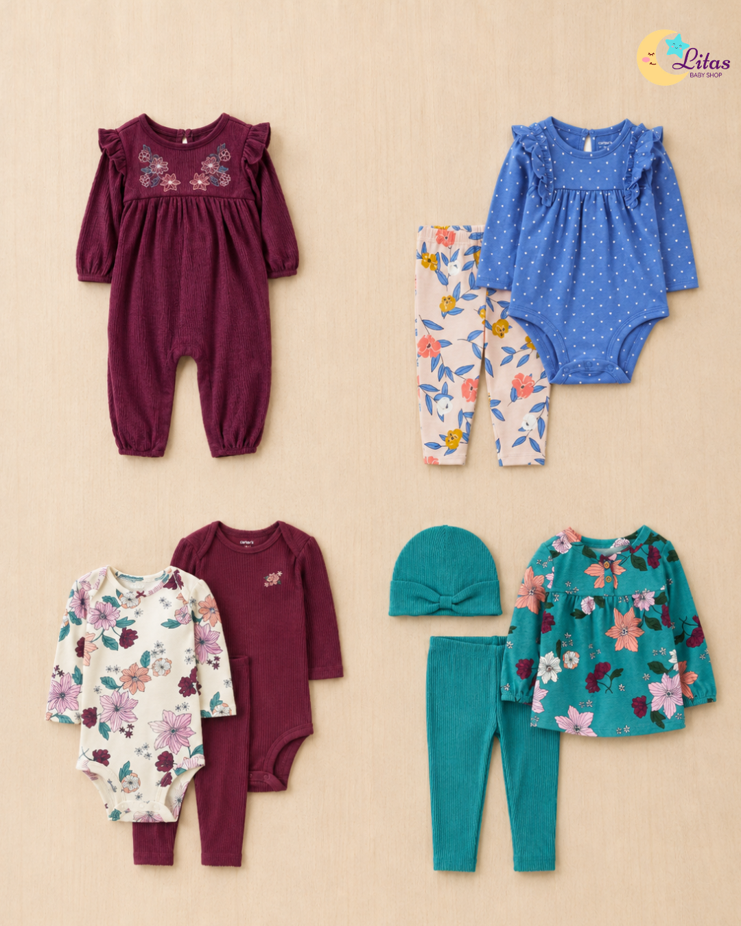 🍃 Original Carter’s Baby Girl "Teal Blossom" 9-Piece Baby Bundle