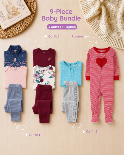 🌸Original Carter's Baby Girl "Floral Heart" 9-Piece Baby Bundle