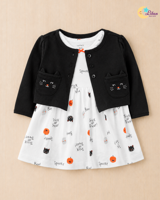 😺Carter’s Baby Girl 2-Piece Halloween Black Cardigan & Bodysuit Dress Set