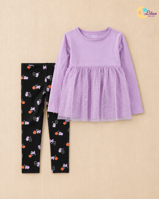 👻Carter’s Baby Girl 2-Piece Halloween Purple Tulle Top & Leggings Set