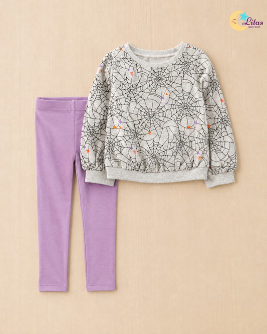 🕷️ Carter’s Baby Girl 2-Piece Halloween Spiderweb Top & Leggings Set