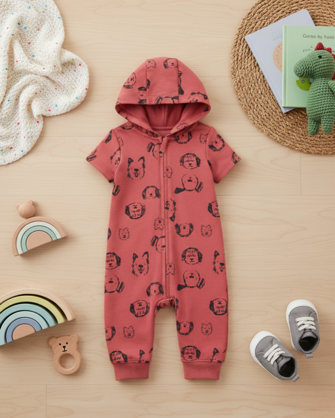 🐶 Carter’s Baby Boy Dog Friends Hooded Romper – Terracotta Red