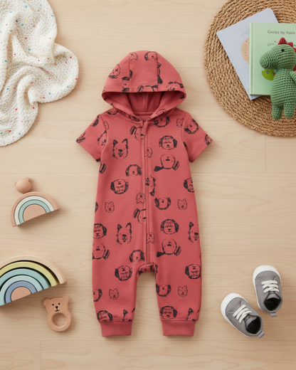 🐶 Carter’s Baby Boy Dog Friends Hooded Romper – Terracotta Red