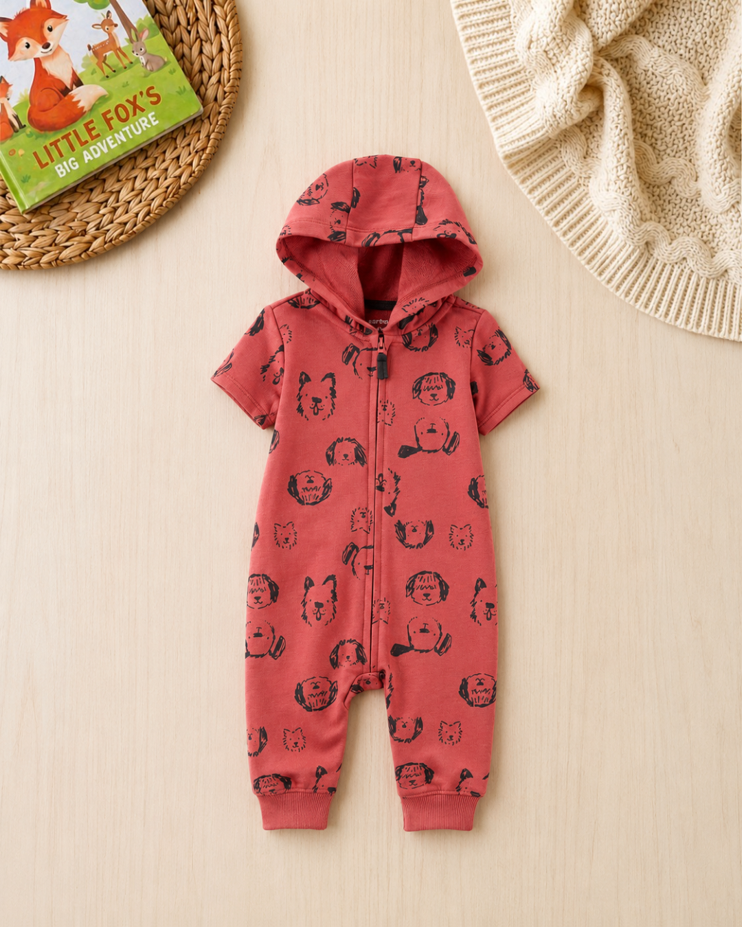 🐶Carter’s Baby Boy Dog Friends Hooded Romper – Terracotta Red