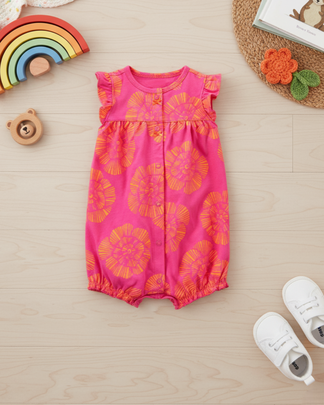 🌺 Carter’s Baby Girl Radiant Floral Romper – Pink & Orange Neon Style