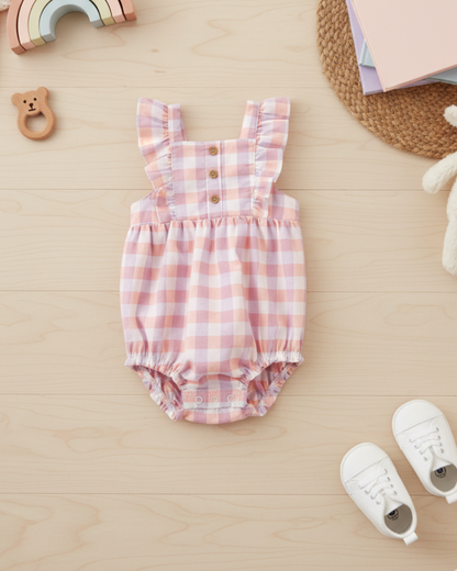 🌸 Carter’s Baby Girl Gingham Plaid Romper – Soft Peached Twill
