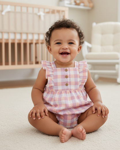 🌸 Carter’s Baby Girl Gingham Plaid Romper – Soft Peached Twill