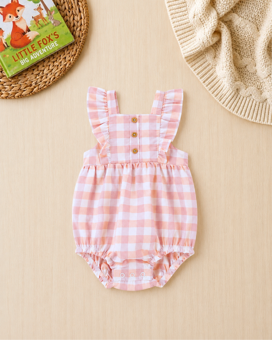 🌸Original Carter’s Baby Girl Gingham Plaid Romper – Soft Peached Twill