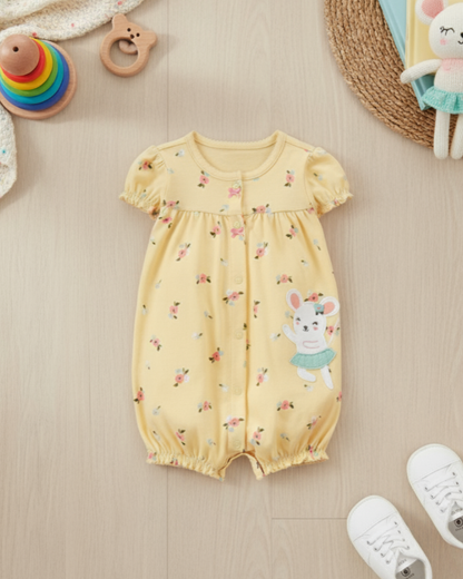 🐭 Carter’s Baby Girl Ballerina Mouse Romper – Soft Yellow Floral Style