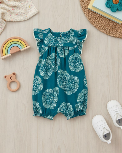 🌿 Carter’s Baby Girl Teal Bloom Romper – Mint Floral & Pom-Pom Style