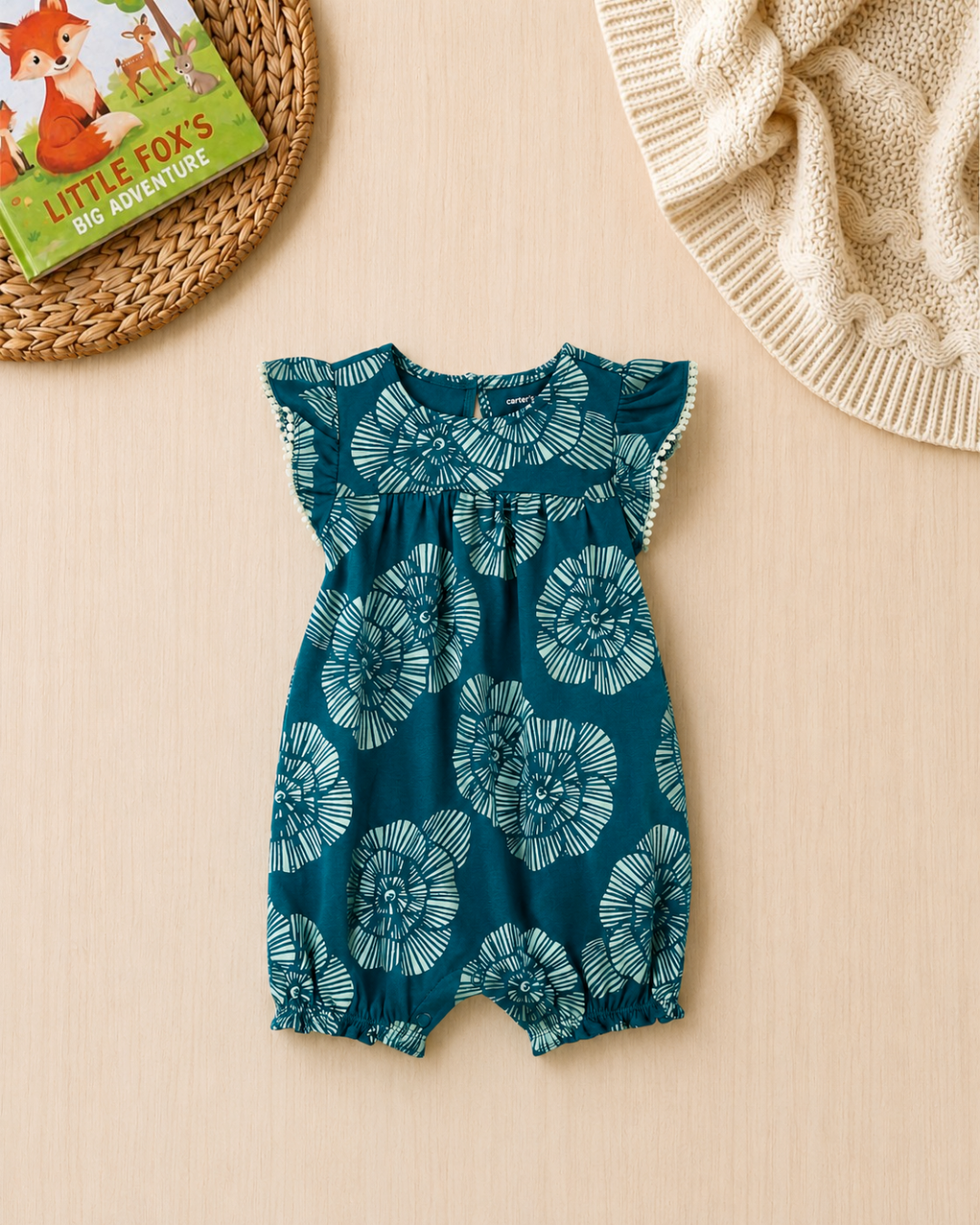 🌿Original Carter's Baby Girl Teal Bloom Romper – Mint Floral & Pom-Pom Style