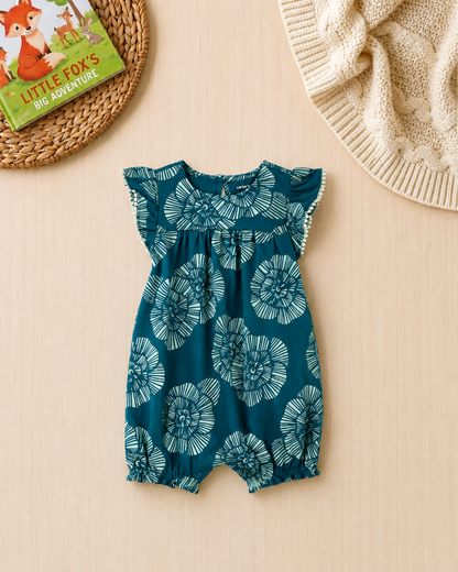 🌿Original Carter's Baby Girl Teal Bloom Romper – Mint Floral & Pom-Pom Style