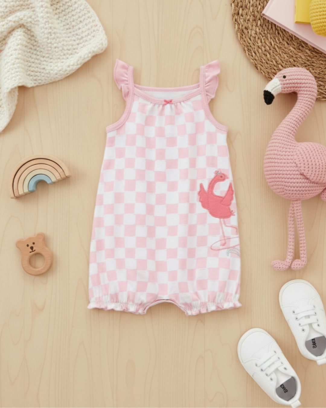 🦩 Carter’s Baby Girl Flamingo Checkerboard Romper – Pink Summer Style