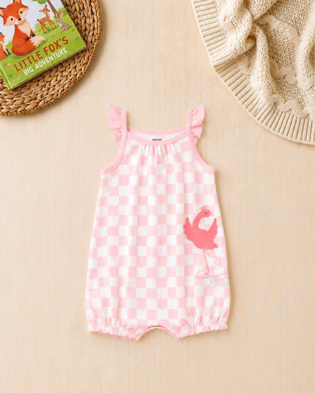 🦩Original Carter's Baby Girl Flamingo Checkerboard Romper – Pink Summer Style