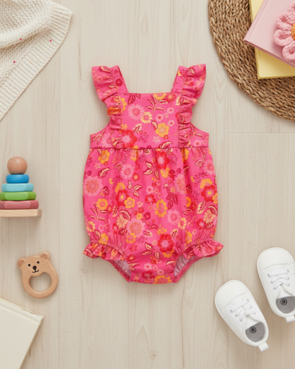 🌺 Carter’s Baby Girl Floral Ruffle Romper – Fuchsia Pink