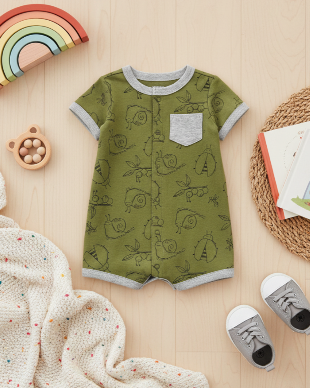 🐌 Carter’s Baby Boy Garden Snail Romper – Olive Green & Grey