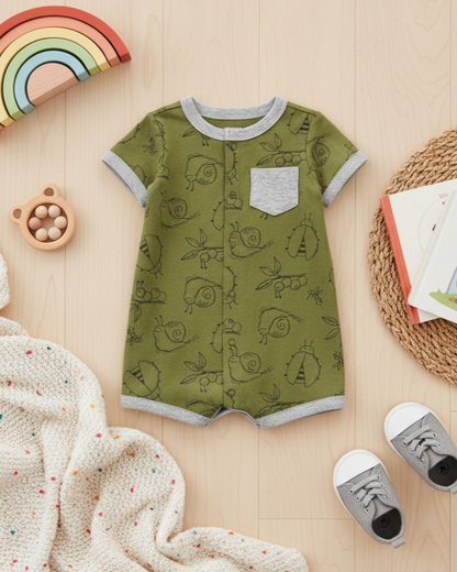 🐌 Carter’s Baby Boy Garden Snail Romper – Olive Green & Grey