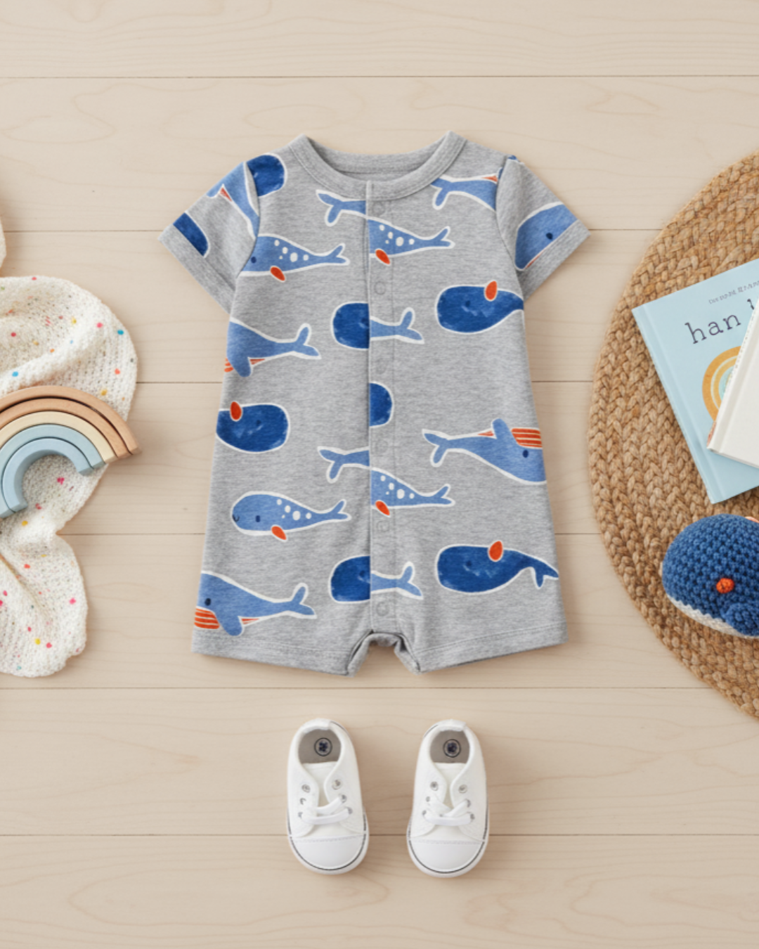 🐳 Carter’s Baby Boy Whale Friends Romper – Heather Grey & Blue