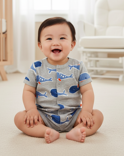 🐳 Carter’s Baby Boy Whale Friends Romper – Heather Grey & Blue
