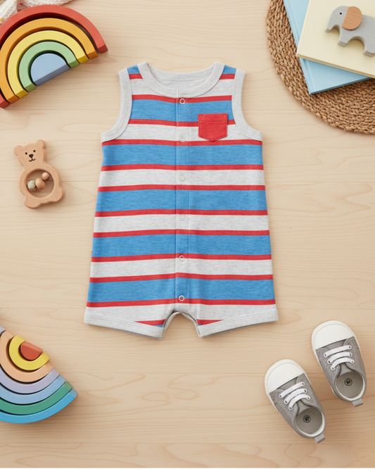 ⚓ Carter’s Baby Boy Striped Sleeveless Romper – Nautical Blue & Red