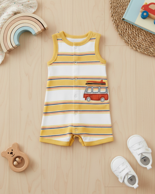 ☀️ Carter’s Baby Boy Surf Van Romper – Yellow Striped Summer Style