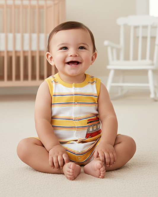☀️ Carter’s Baby Boy Surf Van Romper – Yellow Striped Summer Style