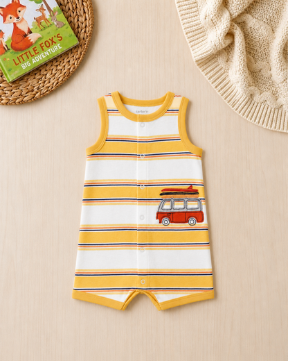 ☀️Original Carter's Baby Boy Surf Van Romper – Yellow Striped Summer Style