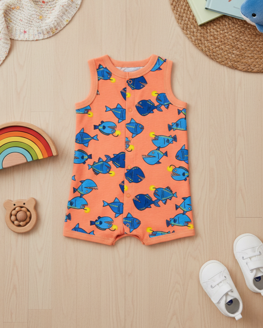 🐟 Carter’s Baby Boy Angler Fish Romper – Bright Orange Summer Style
