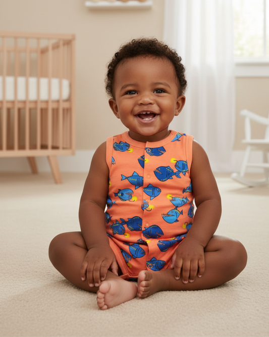 🐟 Carter’s Baby Boy Angler Fish Romper – Bright Orange Summer Style