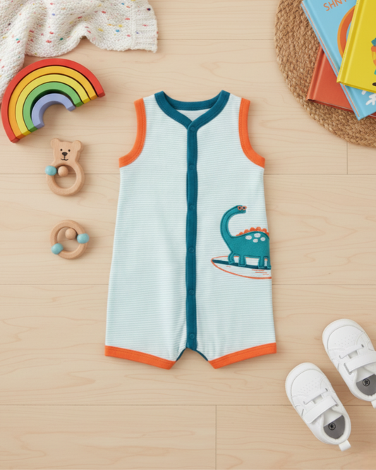 🦖 Carter’s Baby Boy Surfing Dinosaur Romper – Teal & Orange Summer Style