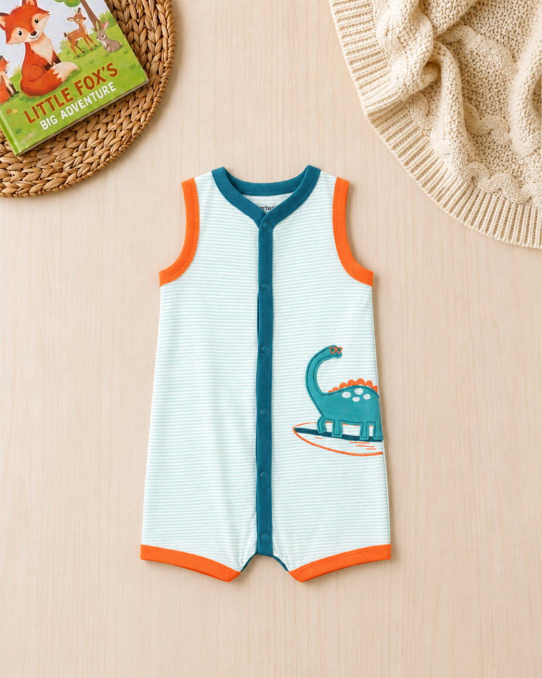 🦖Original Carter's Baby Boy Surfing Dinosaur Romper – Teal & Orange Summer Style