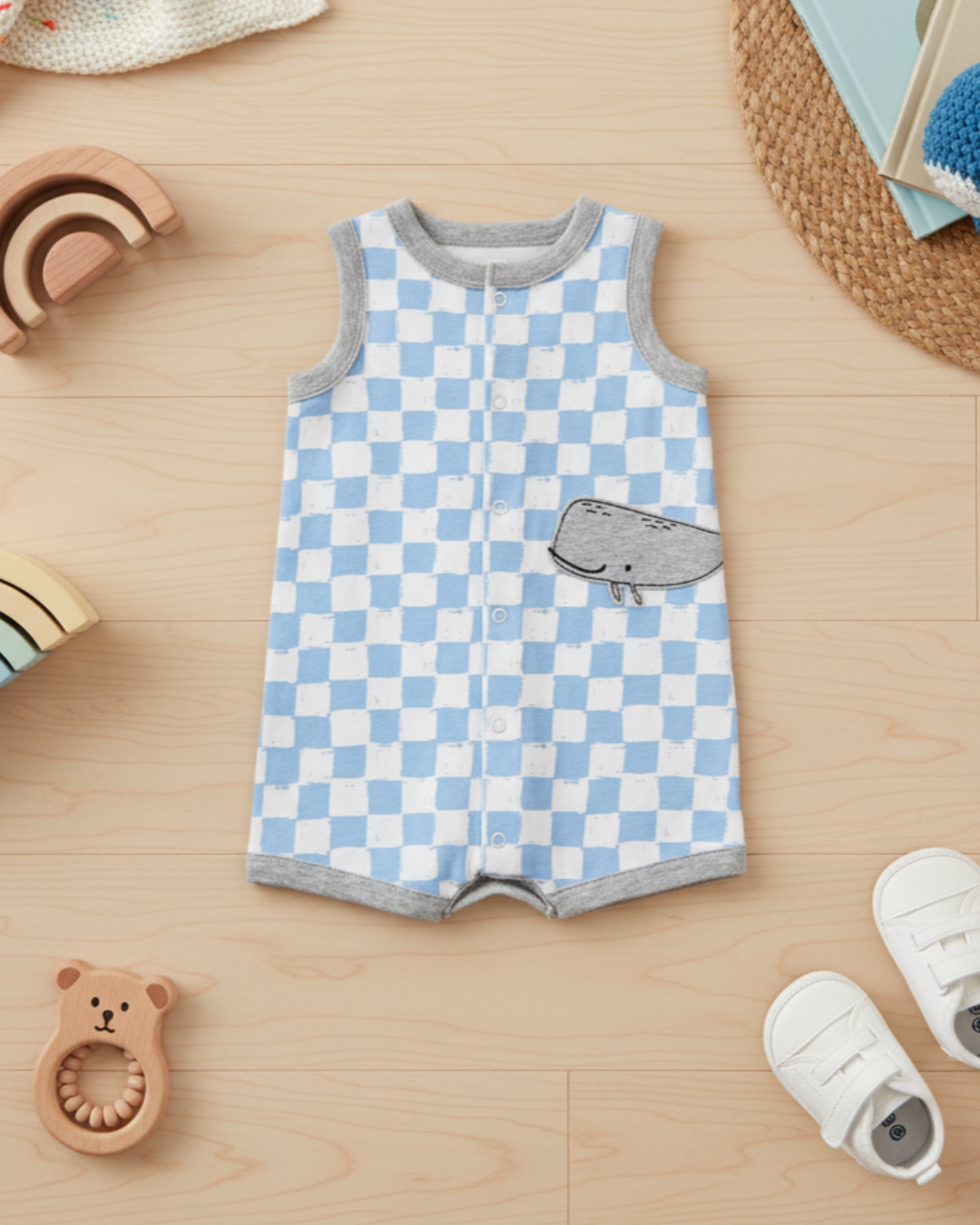 🐳 Carter’s Baby Boy Whale Checkerboard Romper – Sky Blue Summer Style