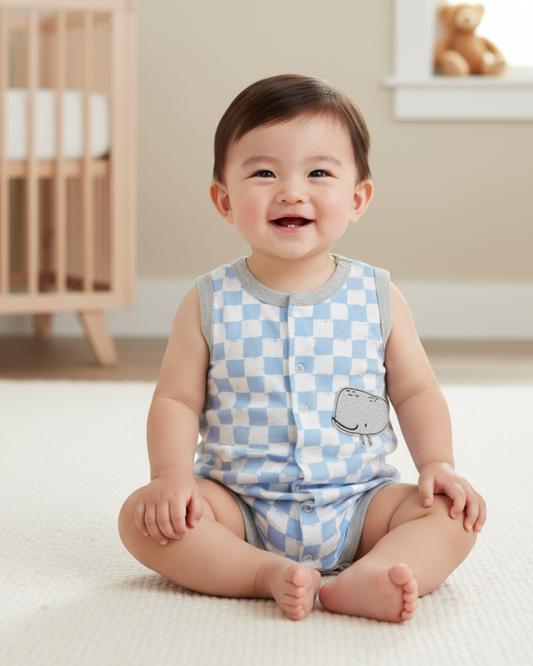 🐳 Carter’s Baby Boy Whale Checkerboard Romper – Sky Blue Summer Style