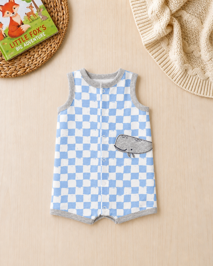 🐳Original Carter's Baby Boy Whale Checkerboard Romper – Sky Blue Summer Style