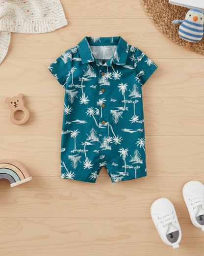 🌴 Carter’s Baby Boy Tropical Palm Tree Romper – Teal Summer Style