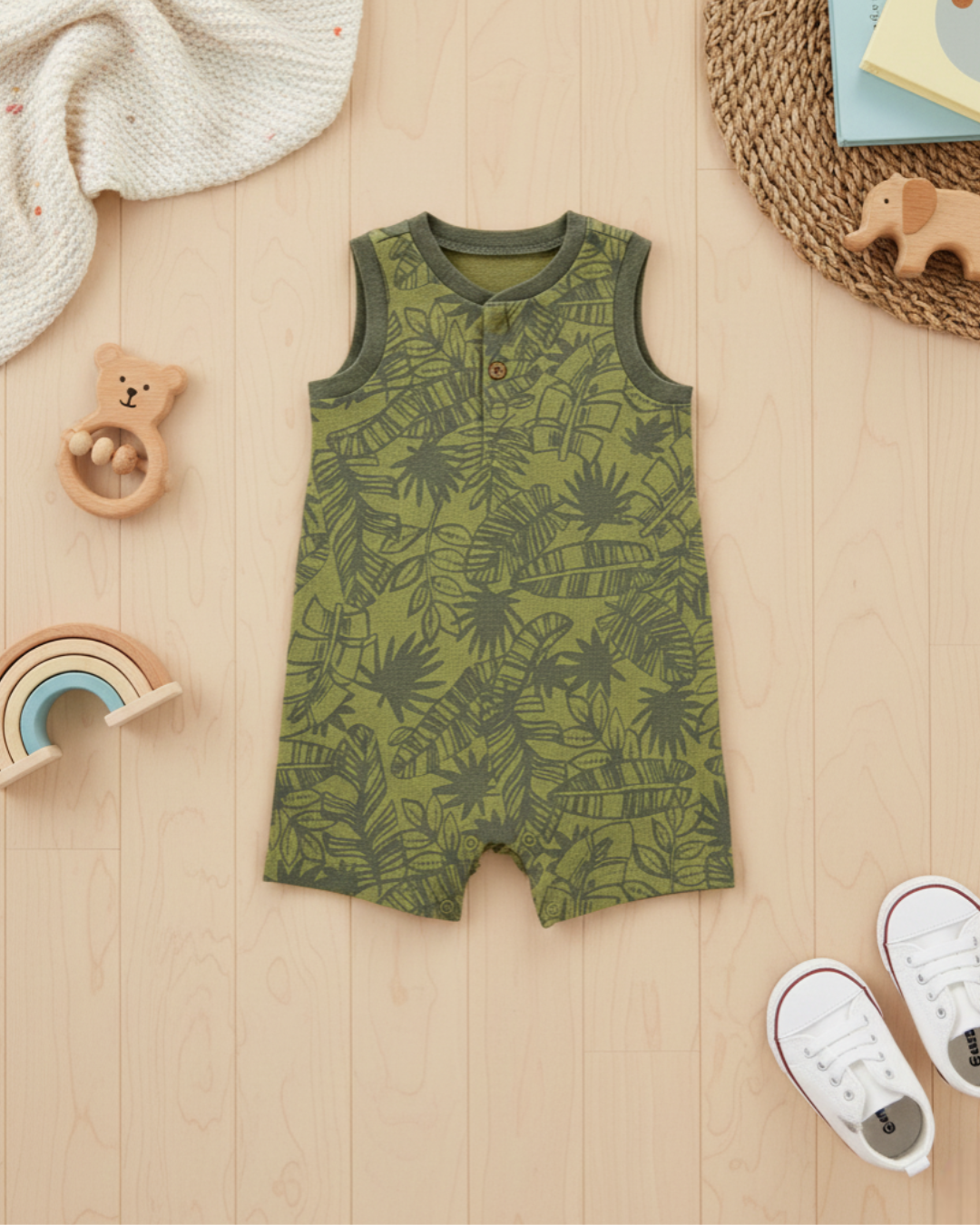 🌿 Carter’s Baby Boy Tropical Leaf Romper – Olive Green Summer Style