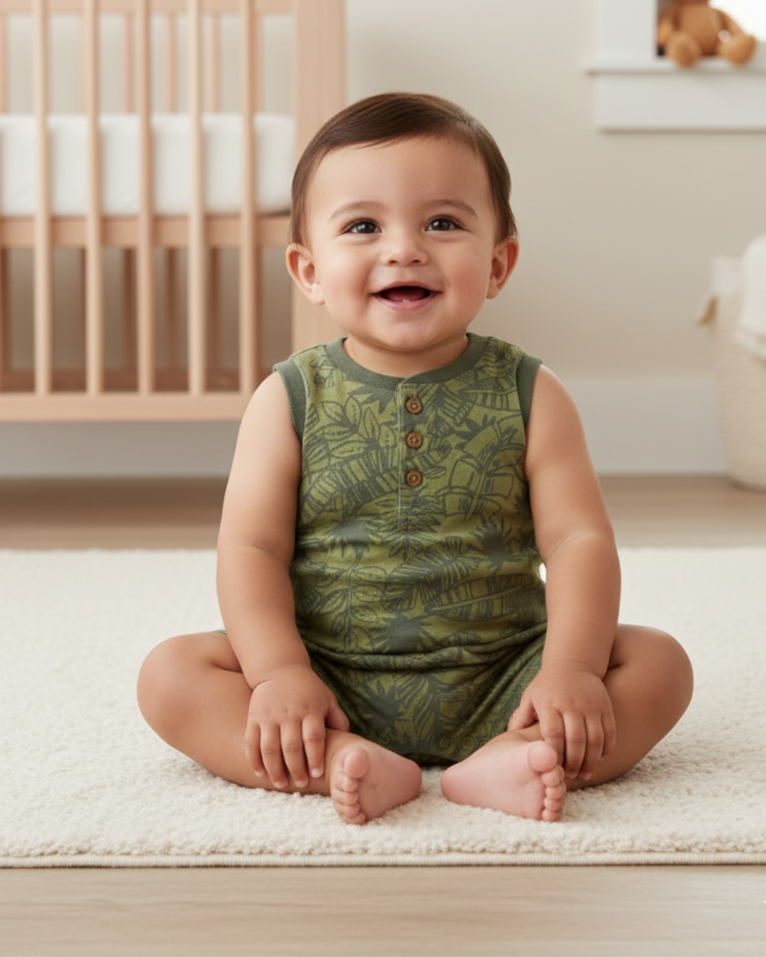 🌿 Carter’s Baby Boy Tropical Leaf Romper – Olive Green Summer Style