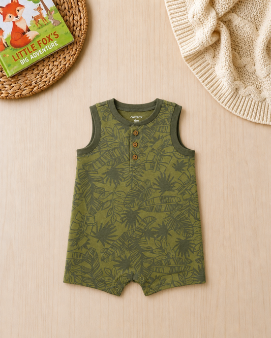 🌿Original Carter's Baby Boy Tropical Leaf Romper – Olive Green Summer Style