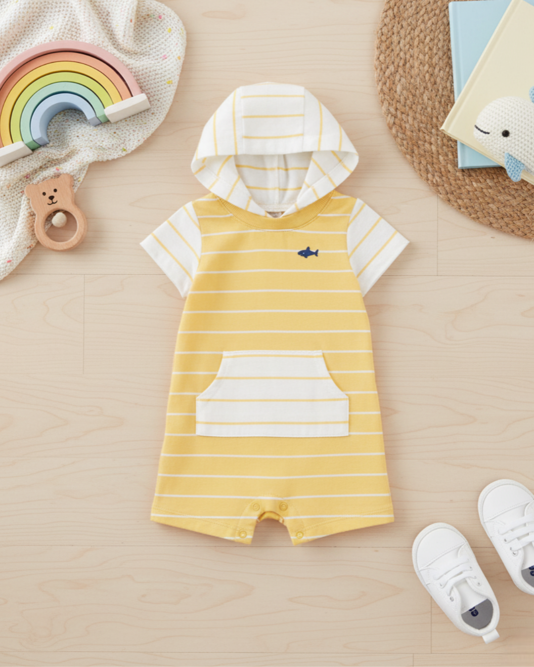 🦈 Carter’s Baby Boy Hooded Nautical Romper – Sunny Yellow Stripes