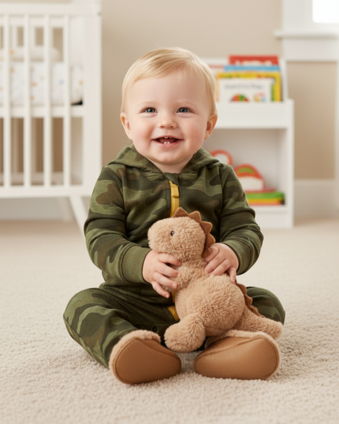 🦖 Carter’s Baby Boy Dino-Camo Hooded Jumpsuit – Adventure Green
