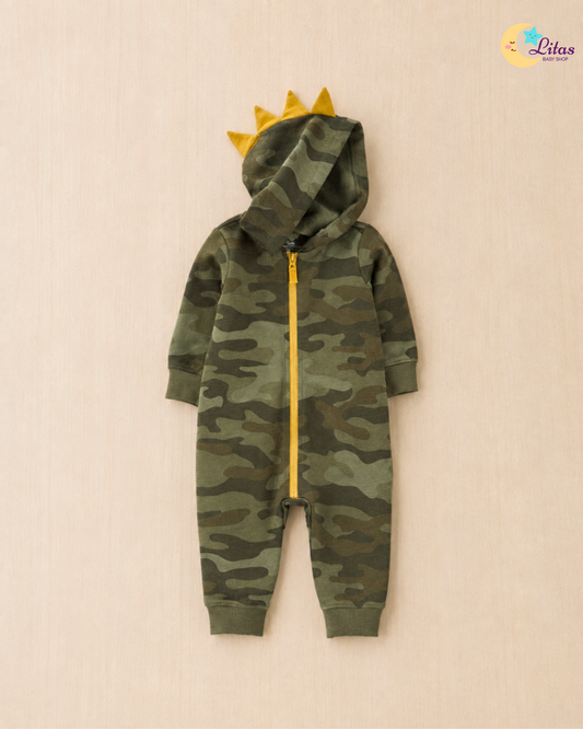 🦖 Original Carter’s Baby Boy Cotton Hooded Jumpsuit – Green Dino Camo
